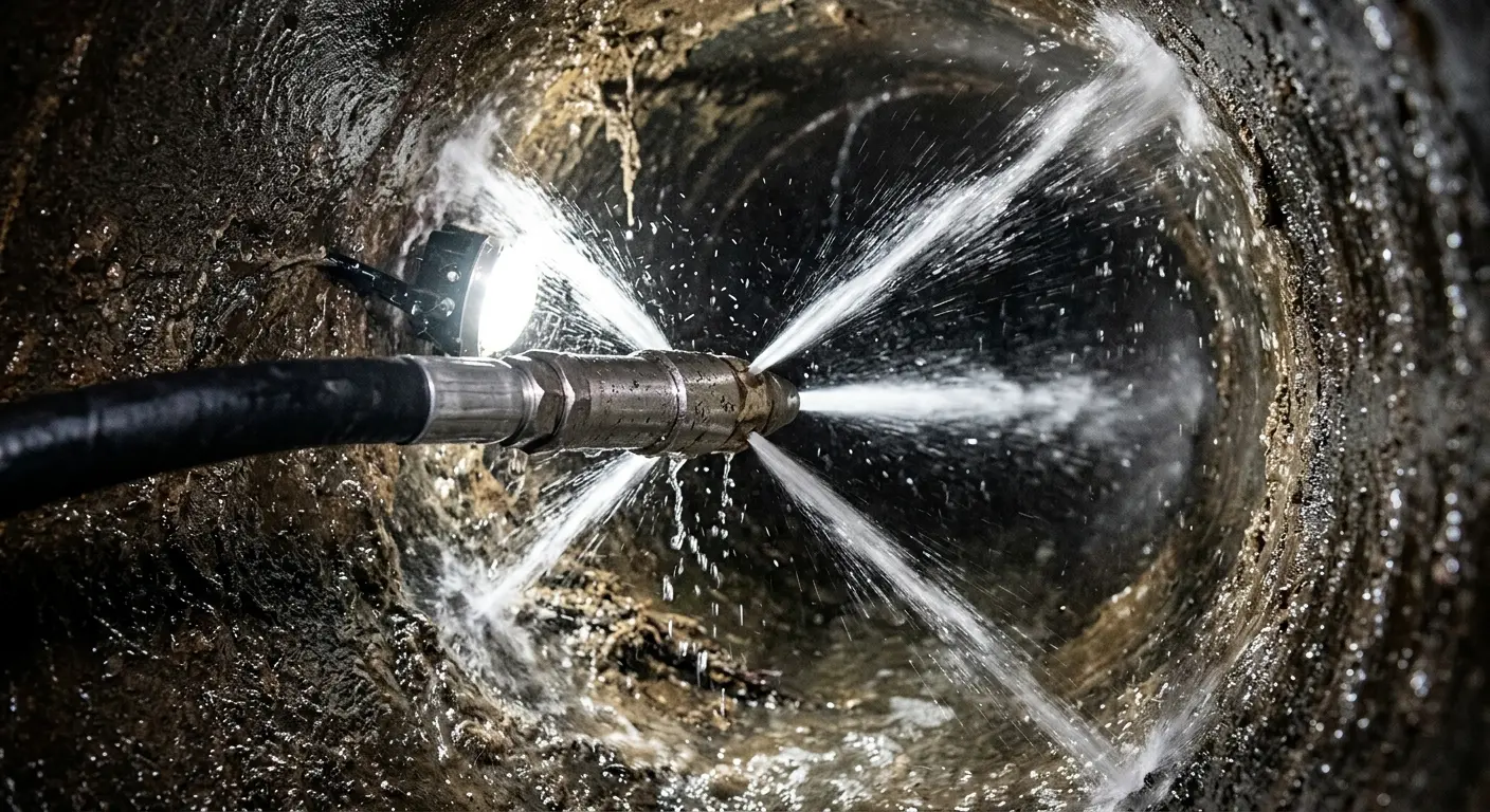 High-pressure hydro jetting nozzle cleaning sewer pipe for Emergency Drain Service in Southside