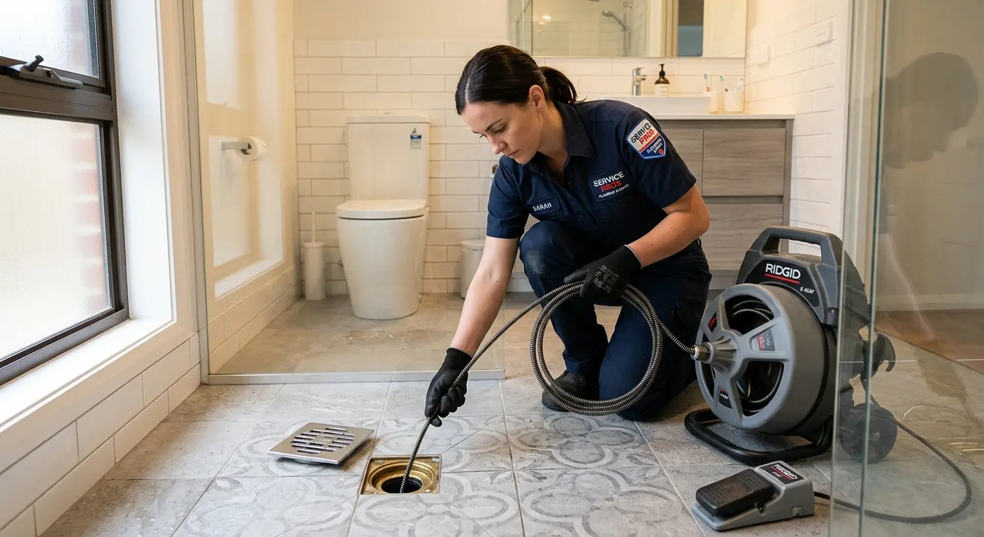Technician clearing a bathroom floor drain for Drain Cleaning in Southside